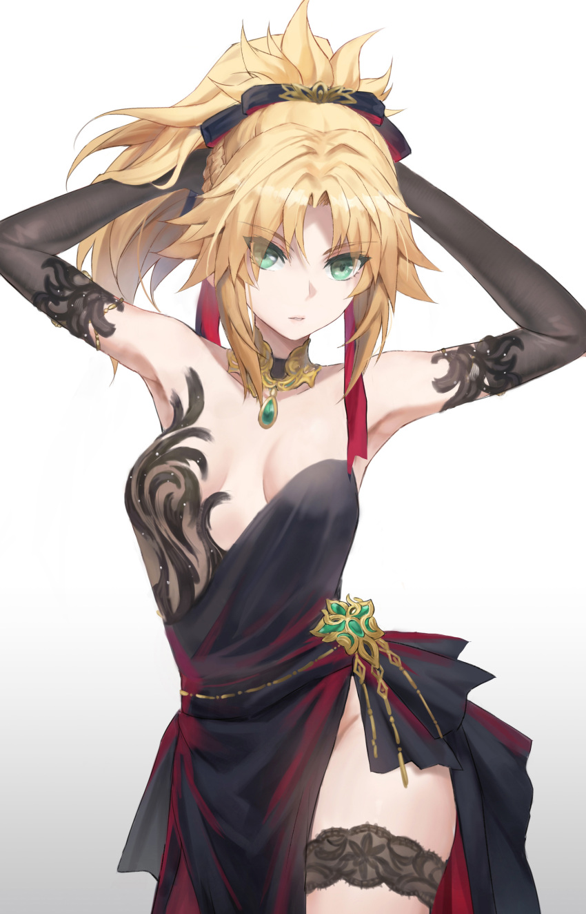 1girl absurdres armpits arms_behind_head arms_up bare_shoulders belly_chain black_dress black_gloves blonde_hair braid breasts bridal_garter collarbone commentary_request dress elbow_gloves fate/apocrypha fate_(series) french_braid gloves green_eyes hair_ribbon highres jewelry long_hair looking_at_viewer mordred_(fate) mordred_(fate/apocrypha) parted_bangs ponytail ribbon sidelocks small_breasts solo tonee variant_set