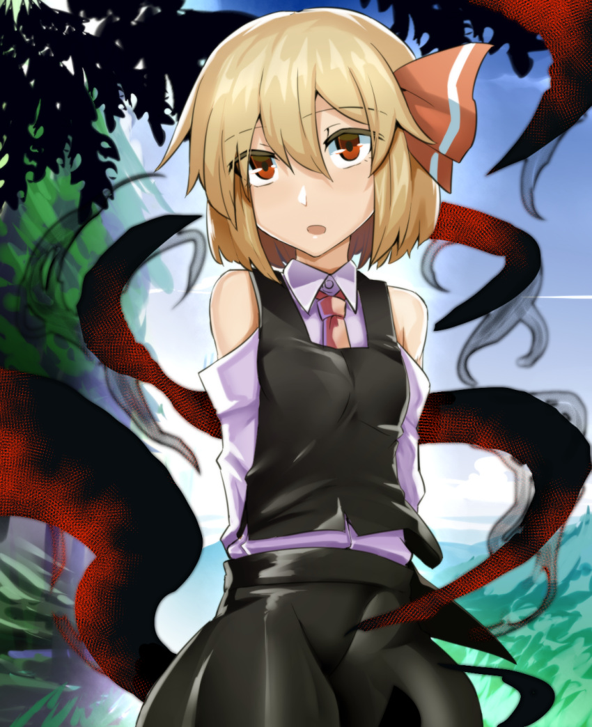 1girl arms_behind_back bare_shoulders black_skirt black_vest blonde_hair blue_sky commentary_request highres manekinekoppoi_inu necktie open_mouth outdoors red_eyes red_necktie red_ribbon ribbon rumia shirt short_hair skirt sky solo touhou vest white_shirt