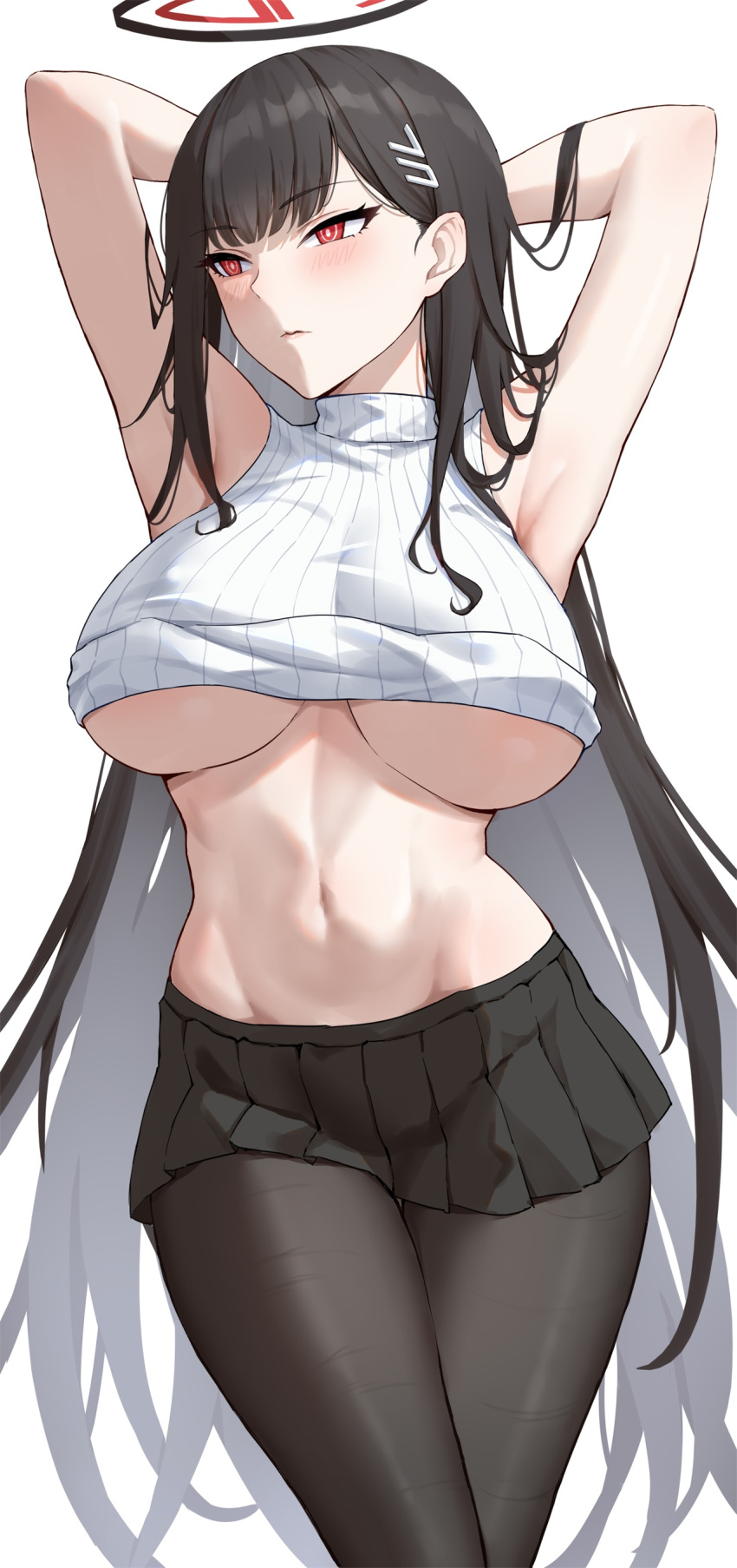 1girl absurdres arms_behind_head arms_up black_hair black_pantyhose black_skirt blue_archive breasts clothes_lift hair_ornament hairclip halo highres large_breasts long_hair looking_to_the_side miniskirt navel pantyhose red_eyes rio_(blue_archive) skirt sleeveless sleeveless_sweater solo sweater thighs underboob white_background yukiaka