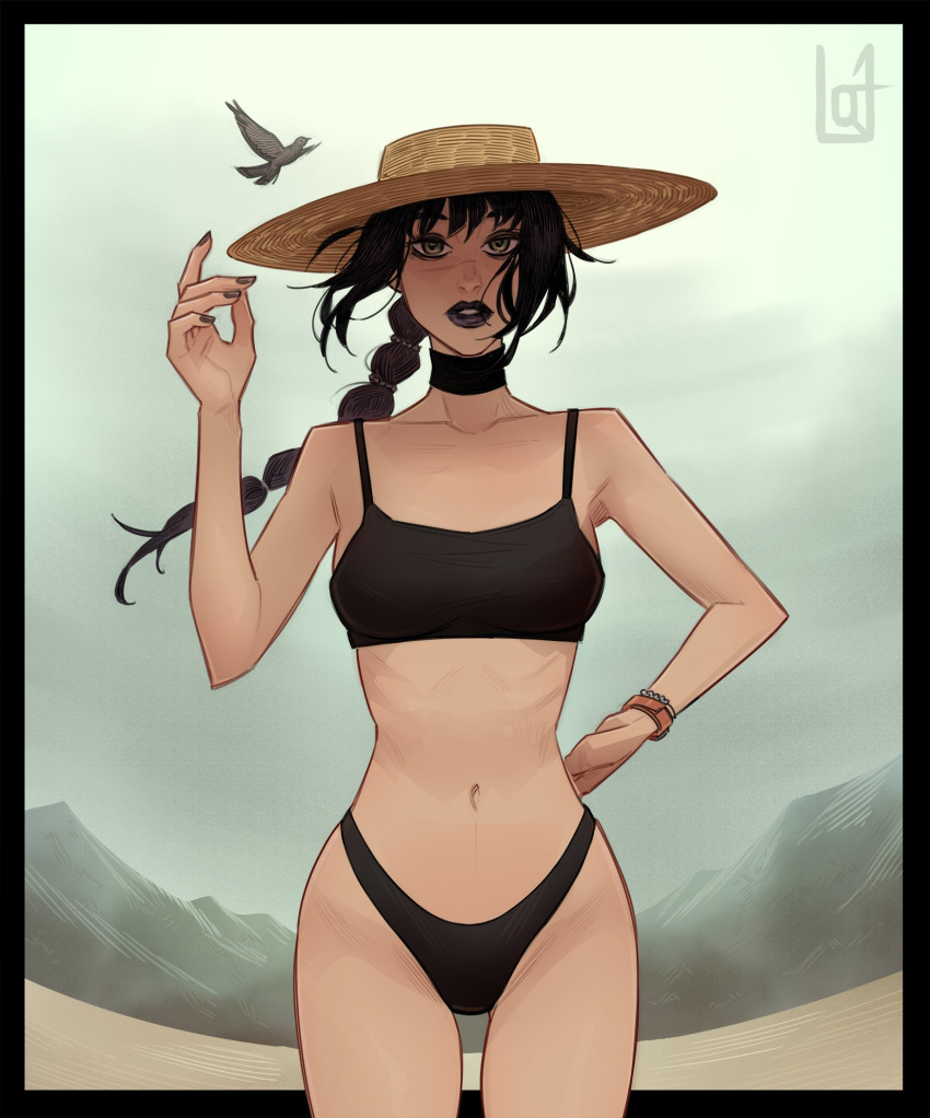 1girl animal baldur's_gate baldur's_gate_3 bare_shoulders bikini bird black_bikini black_border black_choker black_hair black_nails border bracelet breasts brown_eyes choker collarbone cowboy_shot dungeons_and_dragons hand_up hat highres jewelry large_breasts long_hair loqu1t multi-tied_hair nail_polish navel outdoors parted_lips purple_lips shadowheart_(baldur's_gate) solo stomach straw_hat sun_hat swimsuit teeth