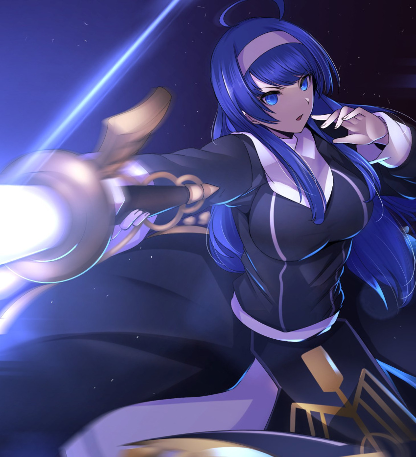 1girl ahoge attack blue_eyes blue_hair breasts dark_background gaien_(jin_morisono) highres holding holding_sword holding_weapon large_breasts long_hair nun orie_ballardiae_harada pointing pointing_at_viewer pointing_sword solo sword under_night_in-birth weapon