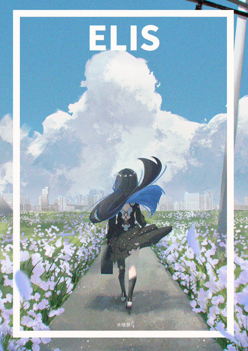 1girl absurdres backless_dress backless_outfit black_dress black_footwear black_hair blue_hair cityscape cloud colored_inner_hair dress english_commentary field flower flower_field from_behind full_body highres instrument_case long_hair mechanical_legs multicolored_hair punishing:_gray_raven puyuyan scenery selena:_tempest_(punishing:_gray_raven) selena_(punishing:_gray_raven) single_mechanical_leg sky solo