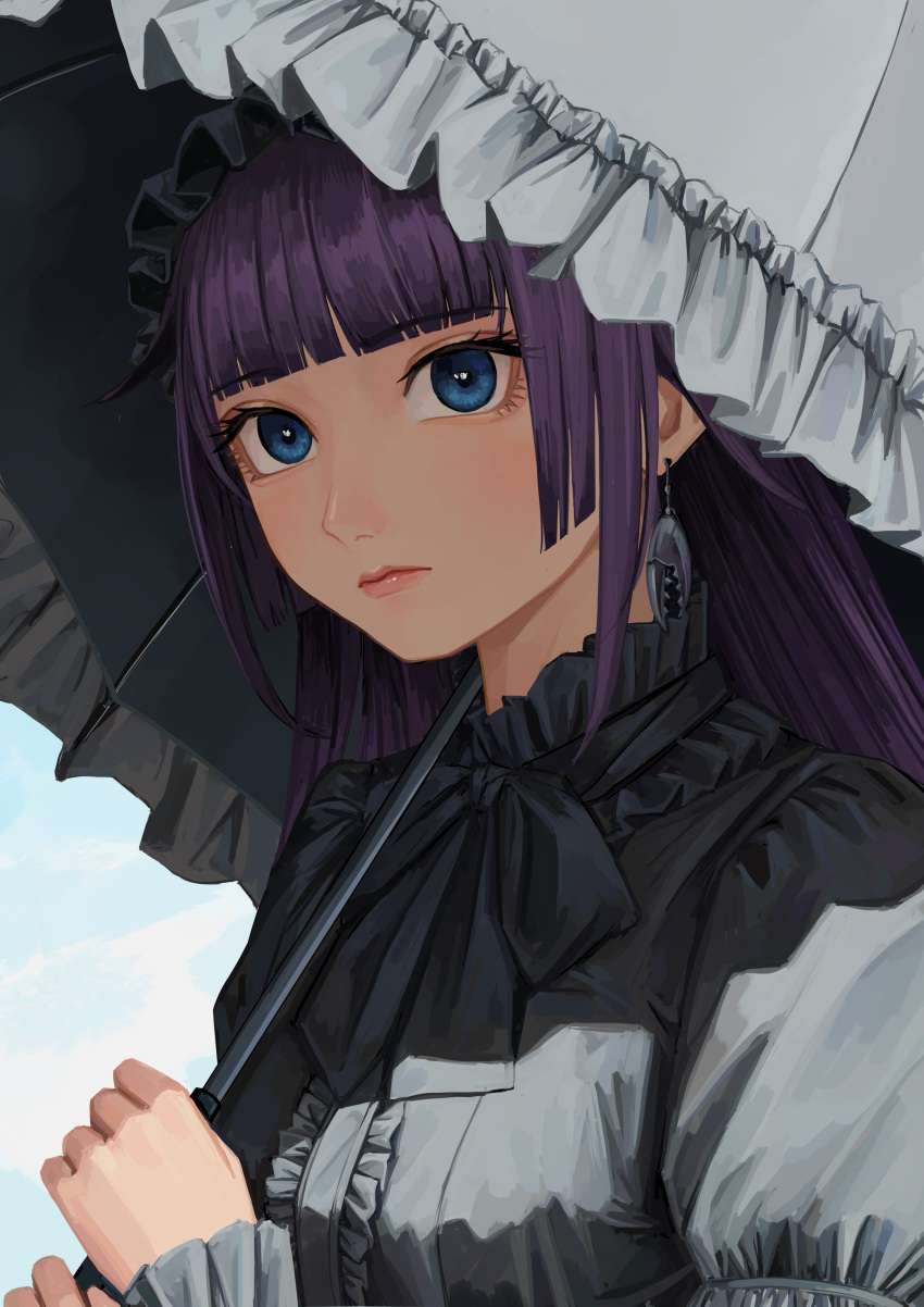 1girl absurdres alternate_costume blue_eyes blunt_bangs bow closed_mouth dress dress_bow earrings eyelashes gothic_lolita grey_bow grey_dress grey_umbrella highres holding holding_umbrella hoop_earrings jewelry juliet_sleeves lolita_fashion long_sleeves looking_at_viewer monogatari_(series) nemo_ringo parasol pink_lips puffy_sleeves purple_hair senjougahara_hitagi sidelocks simple_background solo umbrella upper_body white_background