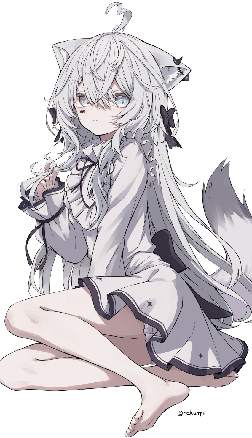 1girl absurdres animal_ear_fluff animal_ears bare_legs barefoot bloomers blue_eyes cat_ears cat_girl cat_tail commission dress full_body grey_eyes grey_hair highres long_hair long_sleeves looking_at_viewer rakutarou_(rakutpi) sitting skeb_commission smile tail twirling_hair vrchat white_dress white_hair