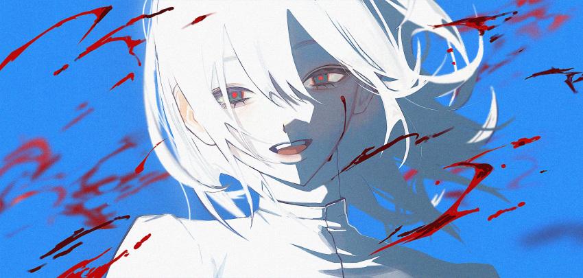 1girl blood blood_on_face blood_spray blue_background blue_eyes colored_skin floating_hair highres looking_at_viewer medium_hair open_mouth original portrait red_pupils riroi_(rntr_ll) shirt simple_background smile solo teeth tongue upper_teeth_only white_hair white_shirt white_skin