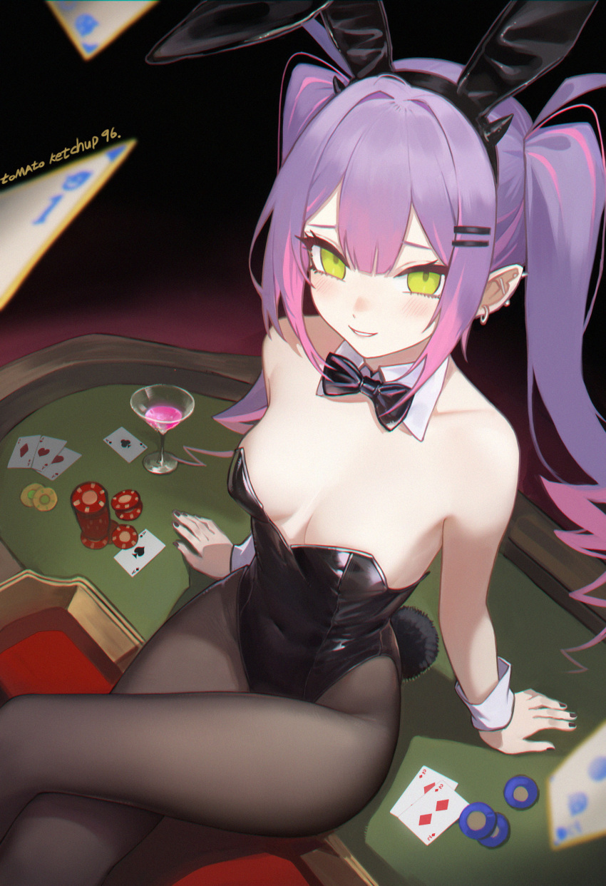 1girl absurdres ace_(playing_card) ace_of_clubs ace_of_diamonds ace_of_hearts ace_of_spades alternate_costume animal_ears arm_support artist_name barbell_piercing bare_shoulders black_bow black_bowtie black_leotard black_nails black_pantyhose bow bowtie breasts card club_(shape) cocktail_glass covered_navel crossed_legs cup demon_horns detached_collar diamond_(shape) double-parted_bangs drinking_glass ear_piercing earrings fake_animal_ears fake_horns fake_tail feet_out_of_frame fingernails from_above gradient_hair green_eyes hair_between_eyes hair_ornament hairclip heart highleg highleg_leotard highres hololive horns industrial_piercing jewelry leotard light_blush long_hair looking_at_viewer looking_up medium_breasts multicolored_hair nail_polish pantyhose parted_lips piercing pink_hair playboy_bunny playing_card poker_chip poker_table purple_hair rabbit_ears rabbit_tail sidelocks sitting smile solo spade_(shape) strapless strapless_leotard table tail teeth tokoyami_towa tomatoketchup96 twintails very_long_hair virtual_youtuber white_wrist_cuffs wrist_cuffs