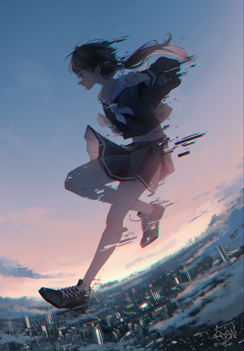 1girl absurdres black_footwear black_serafuku black_shirt black_skirt brown_hair city cityscape cloud floating flying full_body glitch highres long_hair long_sleeves midriff_peek neckerchief open_mouth original outdoors pleated_skirt profile ryane_(yry_0) sailor_collar school_uniform serafuku shirt shoes signature skirt sky sneakers solo twintails twitter_username white_neckerchief white_sailor_collar