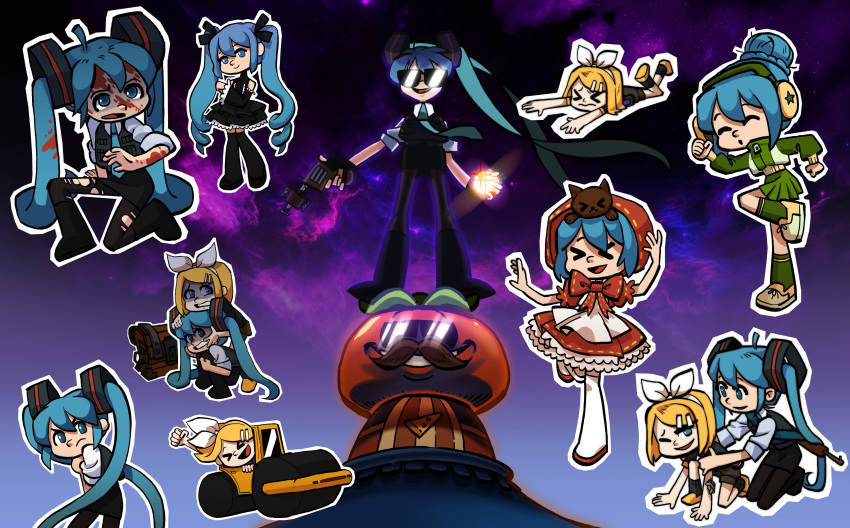 &gt;_&lt; 2girls absurdres black_pantyhose black_shirt black_skirt blonde_hair blood blood_on_face blue_eyes blue_hair blue_necktie bow bowtie bulletproof_vest cloud commentary english_commentary facial_hair fortnite full_body green_skirt grin gun hair_bun hairband handgun hatsune_miku headphones highres holding holding_gun holding_weapon kagamine_rin long_hair long_sleeves looking_at_viewer multiple_girls mustache necktie one_eye_closed open_mouth pantyhose paperisfood purple_sky red_bow red_bowtie revolver shaded_face shirt short_hair single_hair_bun skirt sky smile standing steamroller sunglasses thighhighs tomato torn_clothes torn_pantyhose twintails vocaloid weapon white_hairband white_shirt white_thighhighs
