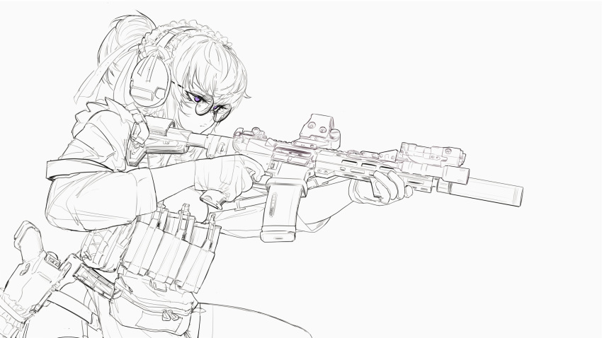 1girl absurdres alma01 assault_rifle commentary ear_protection english_commentary fanny_pack flashlight glasses gloves greyscale gun handgun highres holster m4_carbine magazine_(weapon) maid_day maid_headdress monochrome original pistol purple_eyes rifle short_ponytail solo spot_color suppressor weapon