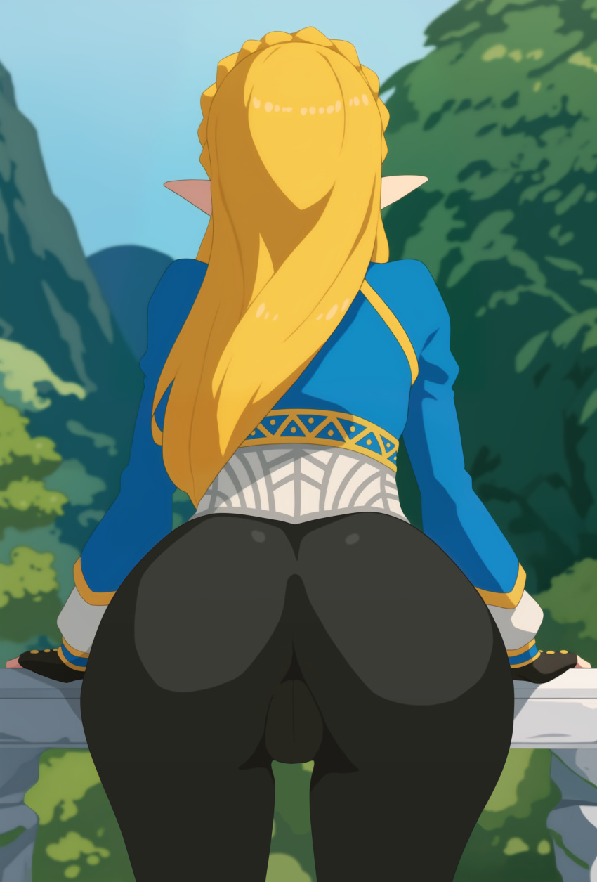 1girl absurdres ai-assisted ass black_pants blonde_hair blue_shirt braid cameltoe cowboy_shot crown_braid day fingerless_gloves from_behind gloves guilegaze highres leaning_forward link long_hair long_sleeves outdoors pants pointy_ears princess_zelda shirt the_legend_of_zelda the_legend_of_zelda:_breath_of_the_wild tree