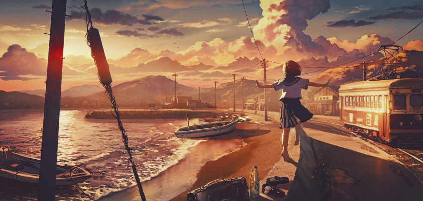 1girl bag balancing barefoot beach black_footwear blue_sailor_collar blue_skirt boat bottle building cloud commentary_request evening from_behind ground_vehicle highres house landscape mountain mountainous_horizon ocean original pleated_skirt power_lines railroad_tracks road sailor_collar scenery school_bag school_uniform serafuku shirt shoes shoes_removed short_sleeves skirt sky socks_removed solo sugi87 sunset train utility_pole vanishing_point water_bottle watercraft white_legwear white_shirt