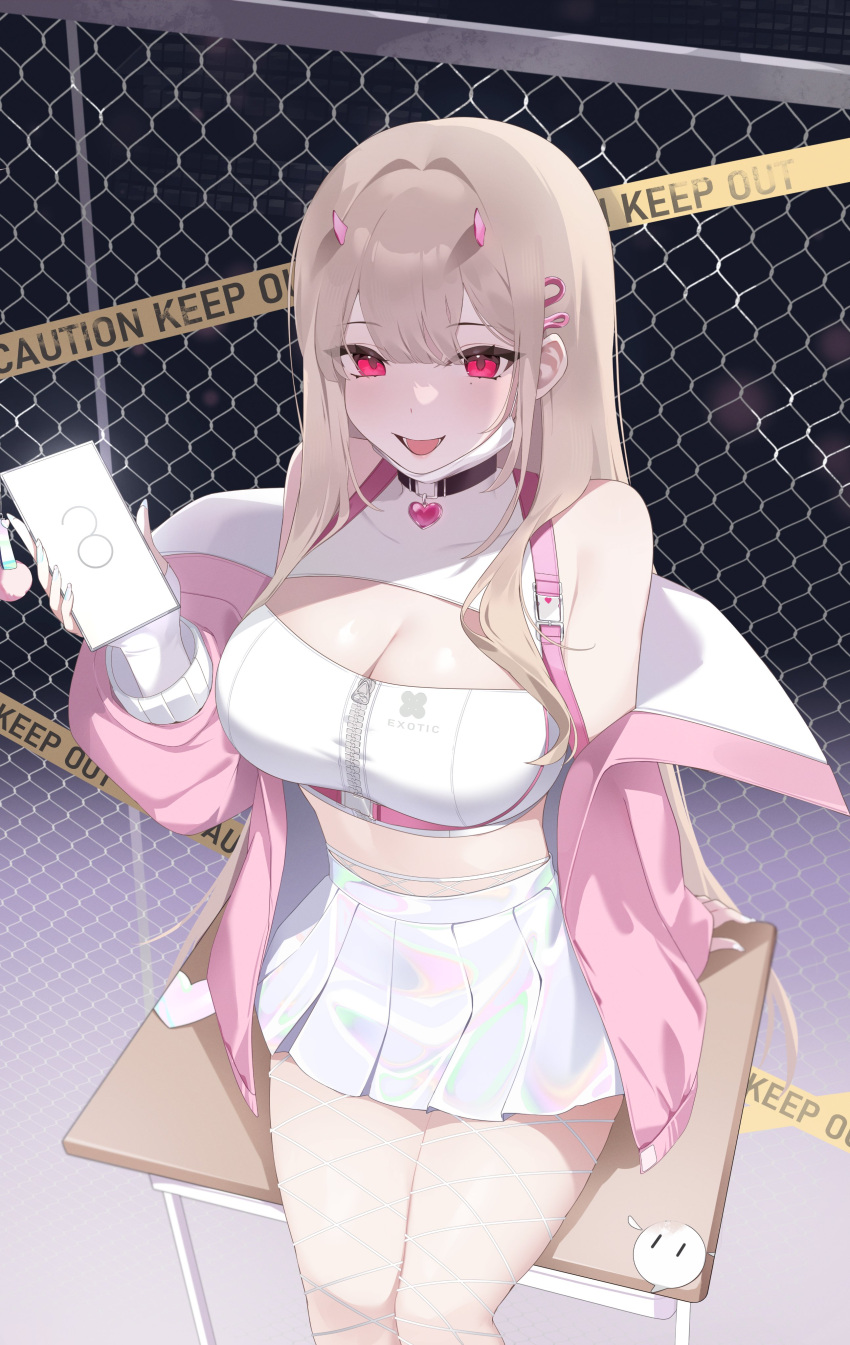 1girl :d absurdres bare_shoulders black_collar breasts cellphone choker cleavage clothes_writing collar crop_top eevyart elbow_gloves fingerless_gloves fishnet_pantyhose fishnets gloves goddess_of_victory:_nikke hair_intakes heart_collar highres holding holding_phone holographic_clothing horns jacket large_breasts light_brown_hair long_hair looking_at_viewer mole mole_under_eye off_shoulder open_mouth pantyhose phone pink_horns pink_jacket pleated_skirt red_eyes sitting skirt smartphone smile solo viper_(nikke) white_skirt zipper zipper_pull_tab