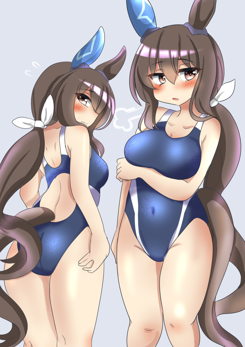 1girl absurdres admire_vega_(umamusume) animal_ears blue_one-piece_swimsuit breasts brown_hair competition_swimsuit ear_covers feet_out_of_frame from_behind grey_background hair_between_eyes highres horse_ears horse_girl horse_tail long_hair looking_back low_ponytail medium_breasts multiple_views one-piece_swimsuit purple_eyes simple_background single_ear_cover swimsuit taiga_masato tail two-tone_swimsuit umamusume