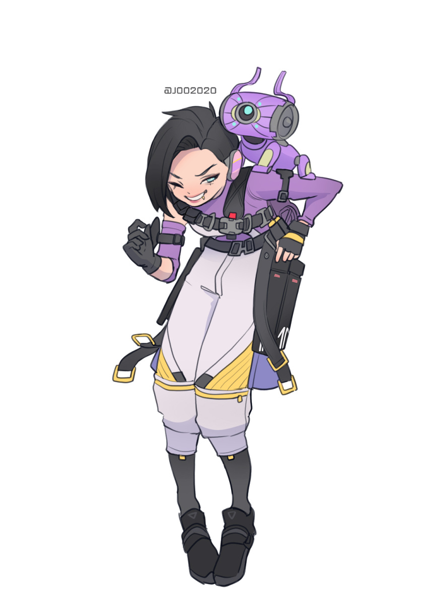 1girl animification apex_legends apex_legends_mobile belt black_belt black_footwear black_gloves black_socks blue-eeys blue_eyes chest_harness detached_sleeves fingerless_gloves gloves harness highres korean_commentary lip_piercing looking_to_the_side namjak non-humanoid_robot one-eyed one_eye_closed piercing purple_sweater rhapsody_(apex_legends) robot rowdy_(apex_legends) shoes simple_background single_detached_sleeve single_fingerless_glove single_sleeve sneakers socks solo_focus sweater v-shaped_eyebrows white_background white_pangs