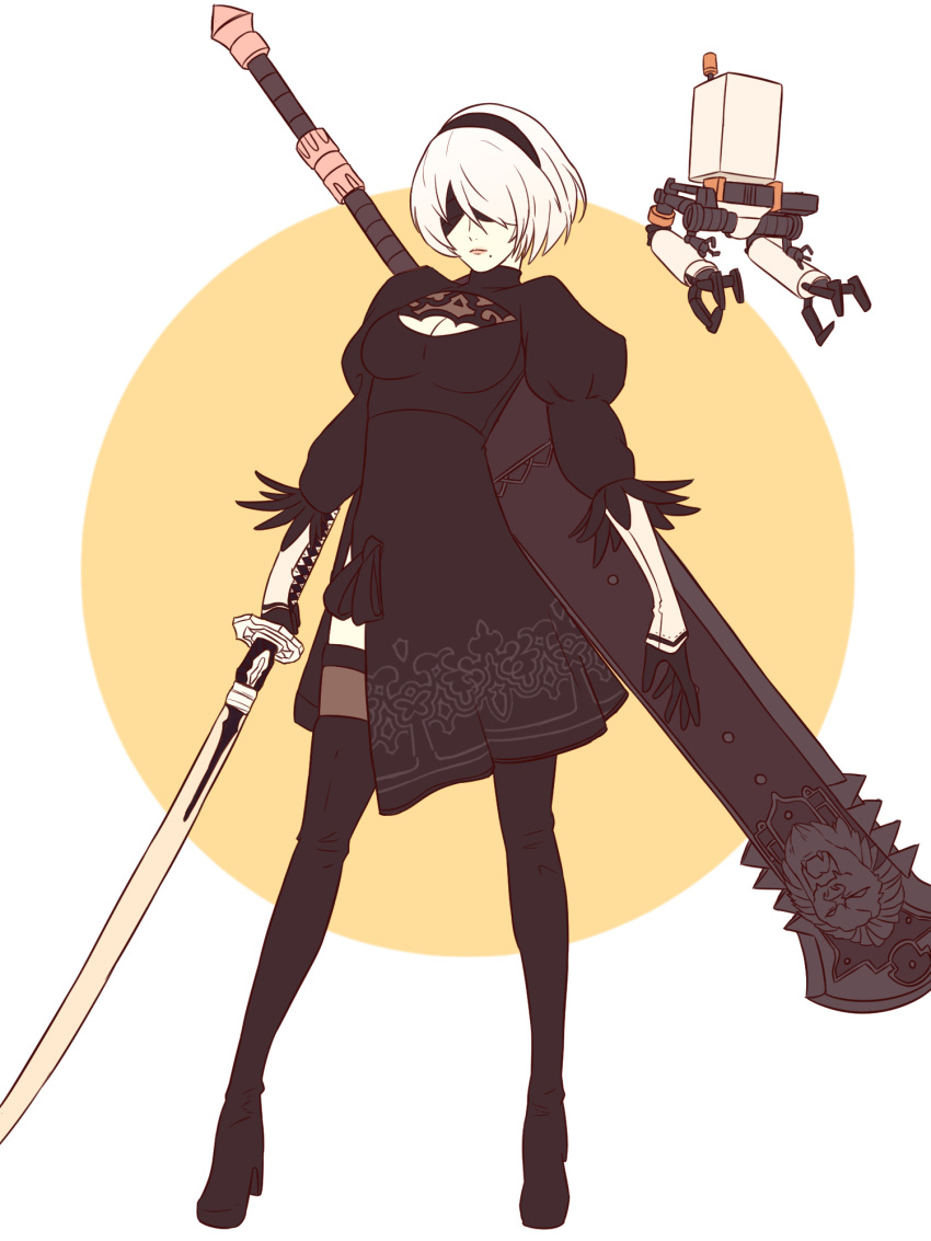 1girl black_blindfold black_footwear black_gloves black_leotard blindfold bob_cut boots breasts cleavage closed_mouth full_body gloves headband highres holding holding_sword holding_weapon katana leotard long_sleeves mole mole_under_mouth nier_(series) nier_automata pod_(nier_automata) solo standing sword thigh_boots thighhighs truejekart weapon weapon_on_back white_background white_hair yorha_no._2_type_b