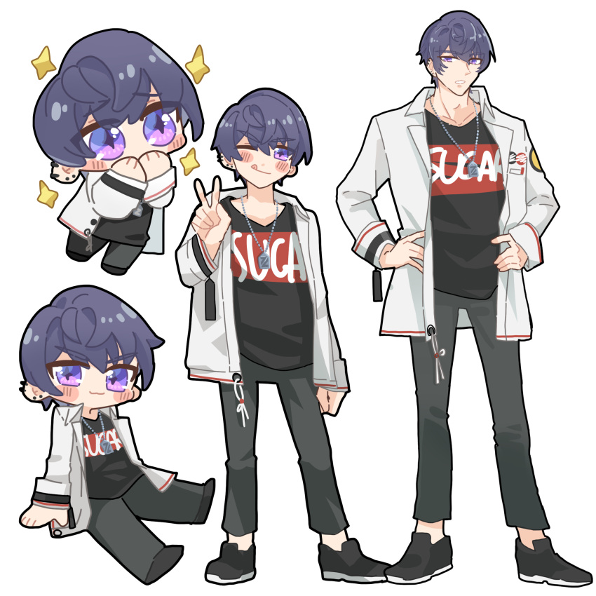 1boy ;) black_footwear black_pants chibi dog_tags earrings full_body hands_on_own_hips highres jacket jewelry long_sleeves looking_at_viewer male_focus marius_von_hagen_(tears_of_themis) multiple_views one_eye_closed outstretched_arm pants purple_eyes purple_hair remosea short_hair simple_background smile standing tears_of_themis v white_background white_jacket