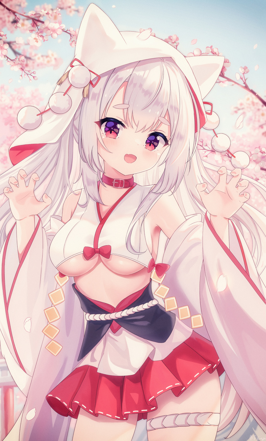 :d absurdres animal_ear_headwear azur_lane bare_shoulders blush breasts cherry_blossoms claw_pose collar crop_top curly_hair day detached_sleeves fang hair_between_eyes happy highres hip_focus kinoshita_ringo_(ryve5758) long_hair long_sleeves looking_at_viewer medium_breasts midriff miniskirt nail_polish no_bra outdoors pink_nails pleated_skirt pom_pom_(clothes) red_collar red_eyes skirt slit_pupils smile underboob very_long_hair white_hair wide_sleeves yuudachi_(azur_lane) yuudachi_(the_bride_of_solomon)_(azur_lane)