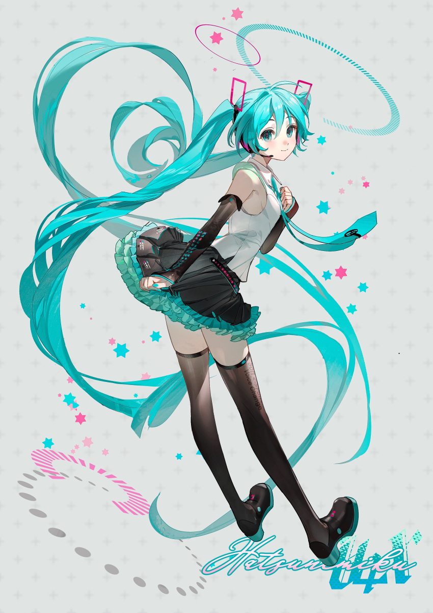 1girl absurdly_long_hair absurdres aqua_eyes aqua_hair aqua_necktie black_skirt black_sleeves black_thighhighs detached_sleeves frilled_skirt frills grey_background hatsune_miku highres long_hair looking_at_viewer miniskirt necktie rumoon shirt skirt sleeveless sleeveless_shirt smile solo thighhighs twintails very_long_hair vocaloid white_shirt zettai_ryouiki