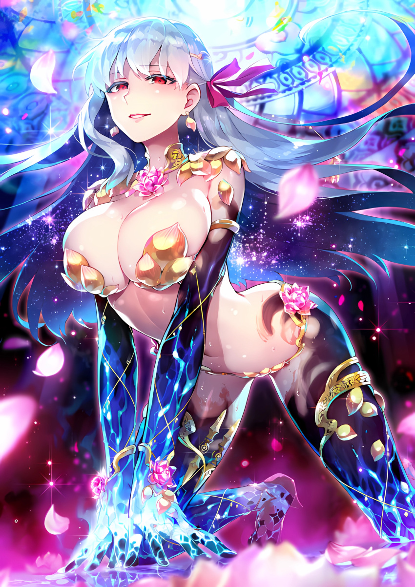 1girl absurdres bare_hips breasts foot_out_of_frame highres kama_(fate) kama_(third_ascension)_(fate) large_breasts long_hair non-web_source red_eyes redrop solo wide_hips