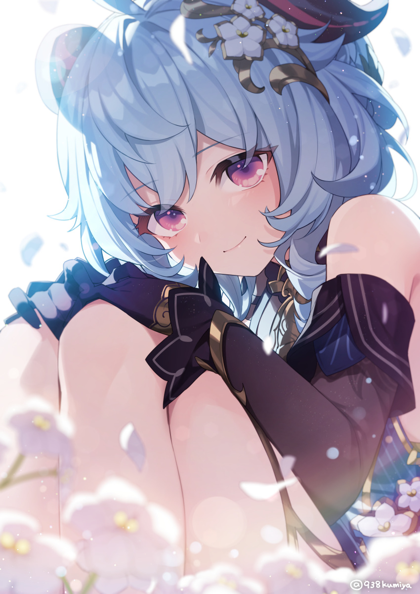 1girl absurdres artist_name bare_shoulders black_gloves black_sleeves bloom blue_dress blue_hair blurry bokeh closed_mouth commentary_request depth_of_field detached_sleeves dress falling_petals feet_out_of_frame flower ganyu_(genshin_impact) ganyu_(twilight_blossom)_(genshin_impact) genshin_impact gloves goat_horns hair_flower hair_ornament highres horns knees_up kumiya long_hair looking_at_viewer official_alternate_costume petals purple_eyes sleeveless sleeveless_dress smile solo white_flower