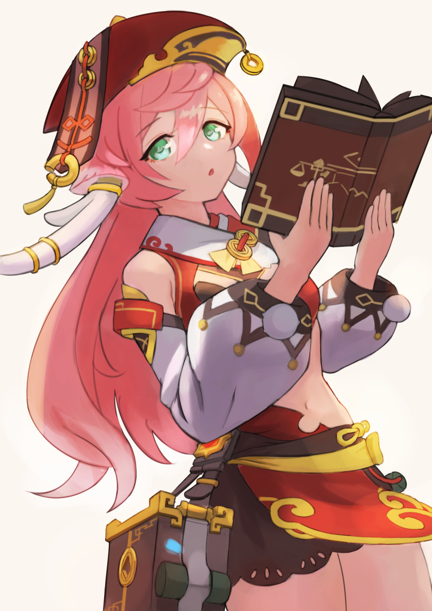 1girl :o antlers black_bra black_shorts book bra brown_bag crop_top deer_antlers detached_sleeves genshin_impact gold_trim green_eyes hair_between_eyes highres holding holding_book horns jiu_fanglianhua long_hair long_sleeves looking_at_viewer miniskirt navel open_mouth pink_hair pom_pom_(clothes) puffy_long_sleeves puffy_sleeves reading red_headwear red_skirt short_shorts shorts sidelocks simple_background skirt tassel underwear white_background yanfei_(genshin_impact)