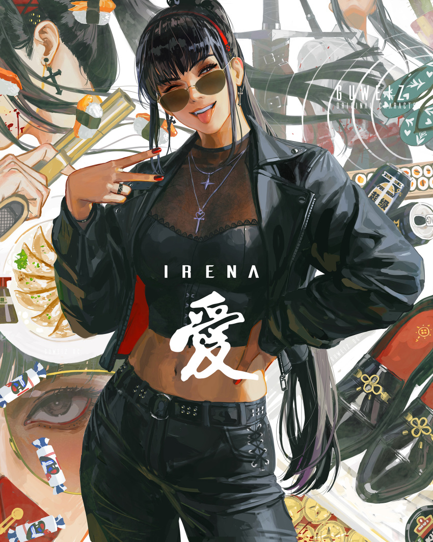 1girl black_footwear black_hair black_jacket black_pants crop_top earrings eyewear_on_head guweiz highres jacket jewelry long_hair one_eye_closed original pants ring sunglasses tongue tongue_out v