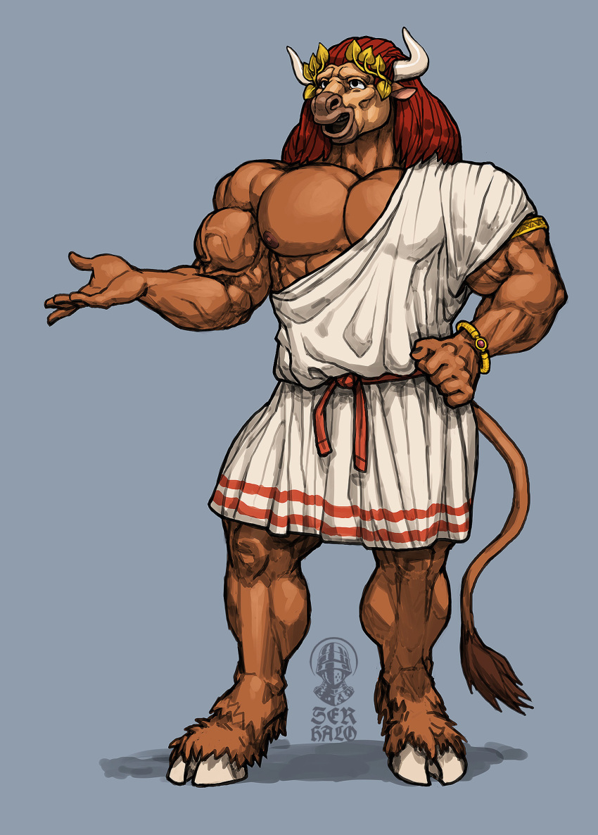 anthro armband big_muscles bovid bovine bracelet brown_body brown_fur cloth_belt clothed clothing cloven_hooves european_mythology fur golden_wreath greek_mythology hand_on_hip hi_res hooves horn huge_muscles iason_avarta jewelry male mammal mask minotaur muscular muscular_anthro mythology nipples ser_halo smile solo standing tail tail_tuft teeth toga tuft wig