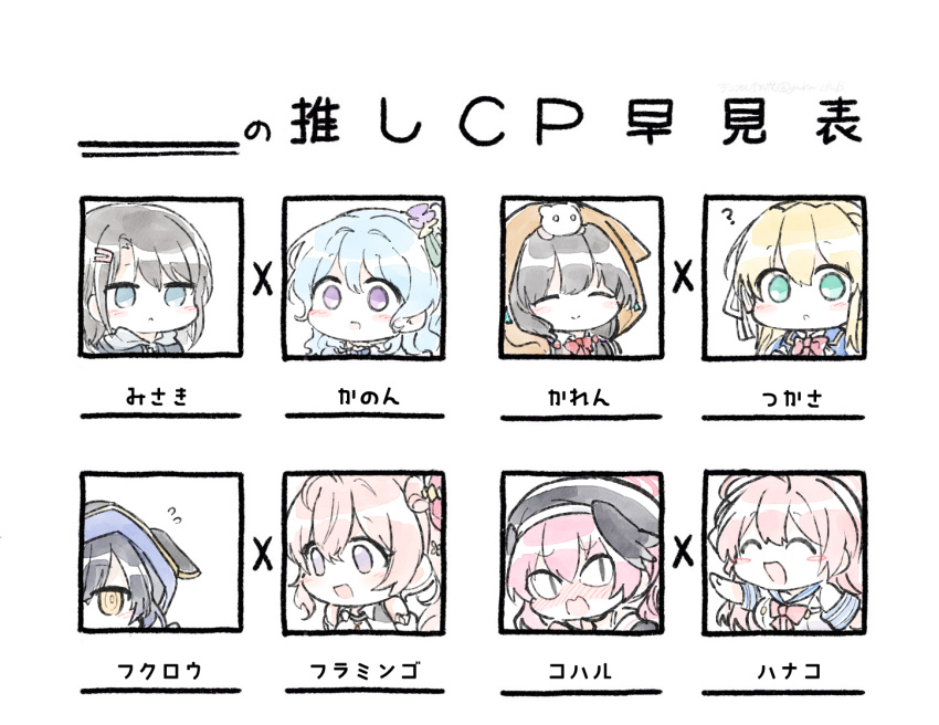 &lt;|&gt;_&lt;|&gt; 6+girls :&lt; :o ahoge animal_ear_hood animal_on_head asakura_karen_(heaven_burns_red) bang_dream! beret black_eyes black_hair black_headwear black_wings blonde_hair blue_archive blue_eyes blue_hair blue_jacket blue_sailor_collar blush blush_stickers bow bowtie braid breasts buttons cat cat_on_head chart chibi chibi_only closed_eyes closed_mouth collared_shirt crown_braid detached_sleeves double-breasted double-parted_bangs flying_sweatdrops fukurou_(towa_tsugai) furamingo_(towa_tsugai) green_eyes hair_between_eyes hair_ornament hair_ribbon hair_rings hairclip halo hanako_(blue_archive) hat head_wings heaven_burns_red hiding hood hood_up hooded_jacket jacket koharu_(blue_archive) korean_commentary large_breasts long_hair looking_at_another looking_at_viewer matsubara_kanon medium_hair multiple_girls nose_blush okusawa_misaki on_head one_side_up open_mouth opi_(kumajelly_1512) orange_hair orange_jacket outstretched_arm parted_bangs pink_bow pink_bowtie pink_hair pink_halo purple_eyes red_bow red_bowtie ribbon ringed_eyes sailor_collar school_uniform serafuku shirt sidelocks simple_background sleeveless sleeveless_shirt smile toujou_tsukasa towa_tsugai translated twintails wavy_hair white_background white_cat white_ribbon white_serafuku wings yellow_eyes