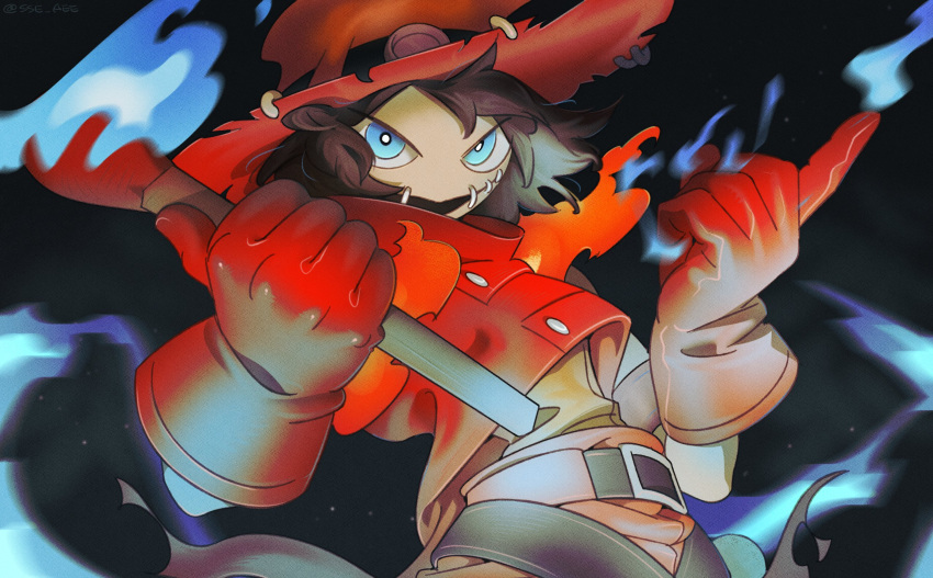 1boy belt black_background blue_eyes blue_fire brown_hair digimon digimon_(creature) fire flawizarmon gloves hat highres holding_matchstick no_nose oversized_object red_gloves red_shirt shirt short_hair sse_aee wizard wizard_hat