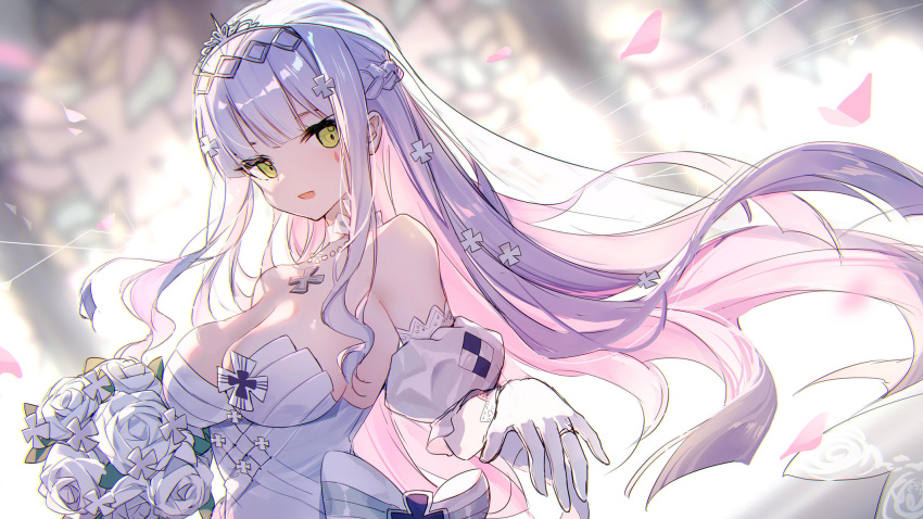 1girl alternate_costume bison_cangshu blunt_bangs bouquet breasts bridal_veil bride cleavage cross cross_necklace detached_sleeves dress elbow_gloves facial_mark flower girls'_frontline gloves green_eyes highres hk416_(girls'_frontline) holding holding_bouquet jewelry large_breasts long_hair looking_at_viewer necklace petals puffy_detached_sleeves puffy_sleeves ring strapless strapless_dress teardrop teardrop_facial_mark teardrop_tattoo tiara upper_body veil wedding_dress wedding_ring white_dress white_gloves
