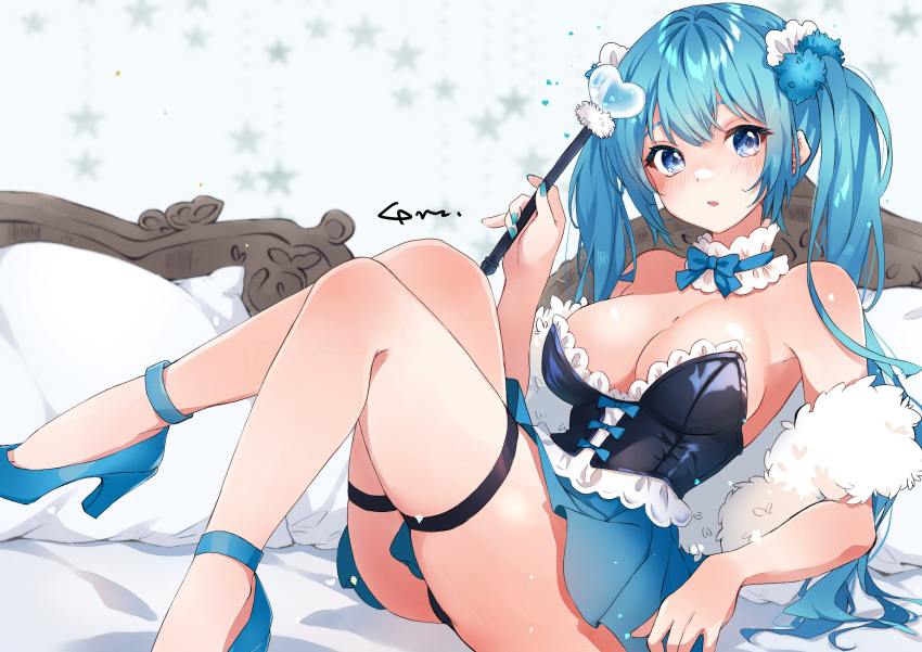 1girl :o absurdres anklet anzu_(x_anzu_ill) arm_at_side bare_shoulders black_shirt blue_eyes blue_footwear blue_hair blue_nails blue_skirt blush breasts cleavage detached_collar dot_nose feather_boa full_body gradient_skirt hand_up hatsune_miku high_heels highres holding holding_wand jewelry knees_together_feet_apart large_breasts leaning_back long_hair looking_at_viewer miniskirt nail_polish on_bed open_mouth pillow pleated_skirt shirt sidelocks signature simple_background sitting skindentation skirt solo star_(symbol) strapless strapless_shirt thigh_strap twintails vocaloid wand white_background