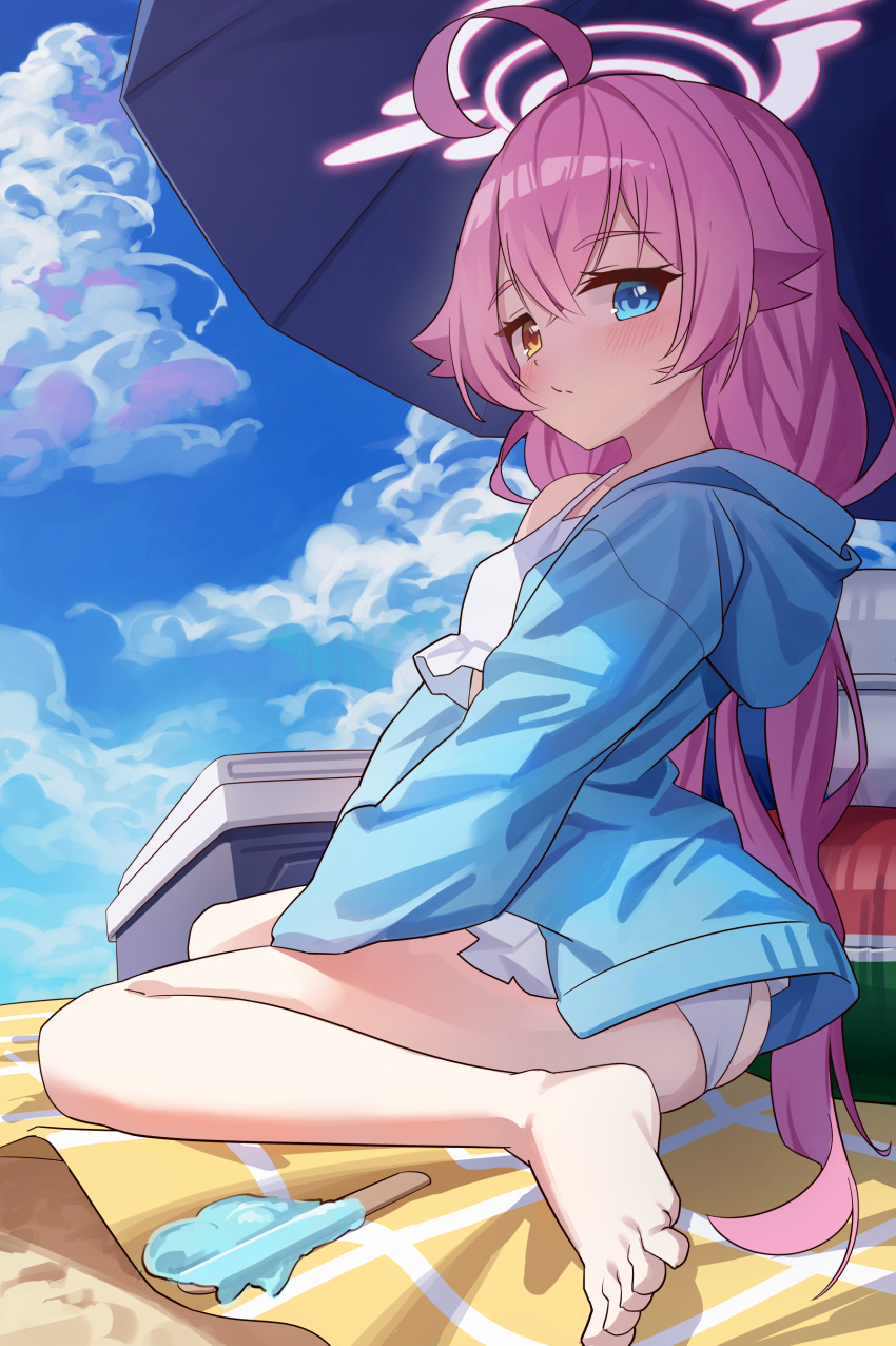 1girl absurdres ahoge ass barefoot beach beach_umbrella bikini blue_archive blue_eyes blue_jacket blue_sky blush breasts capry cloud cooler feet food frilled_bikini frills hair_between_eyes hair_flaps halo heterochromia highres hood hooded_jacket hoshino_(blue_archive) hoshino_(swimsuit)_(blue_archive) innertube jacket long_hair mat melting official_alternate_costume open_clothes open_jacket outdoors pink_hair pink_halo popsicle sky small_breasts solo swim_ring swimsuit thighs toes umbrella white_bikini yellow_eyes