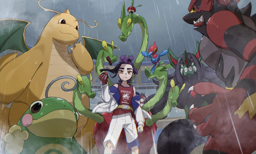 1boy black_hair clenched_hand cloud cloudy_sky commentary_request dragonite from_below frown gloves grimmsnarl hand_up highres hydrapple incineroar jacket kieran_(pokemon) knees long_sleeves looking_down male_focus multicolored_hair nanaheibei_3 off_shoulder outdoors parted_lips pokemon pokemon_(creature) pokemon_sv politoed porygon-z purple_hair rain red_gloves red_shirt shirt shorts single_glove sky sleeveless sleeveless_shirt standing tank_top two-tone_hair wet white_jacket white_shorts yellow_eyes