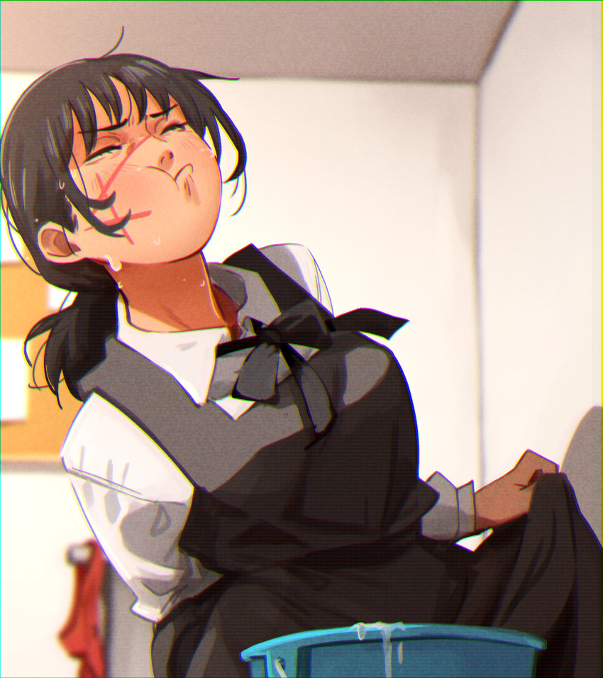 1girl absurdres apron black_apron black_hair blurry blurry_background bucket bulletin_board chainsaw_man closed_eyes closed_mouth collared_shirt commentary english_commentary highres implied_vomiting indoors khyle. long_hair long_sleeves ponytail scar scar_on_cheek scar_on_face shirt solo sweat vomit war_devil_(chainsaw_man) white_shirt