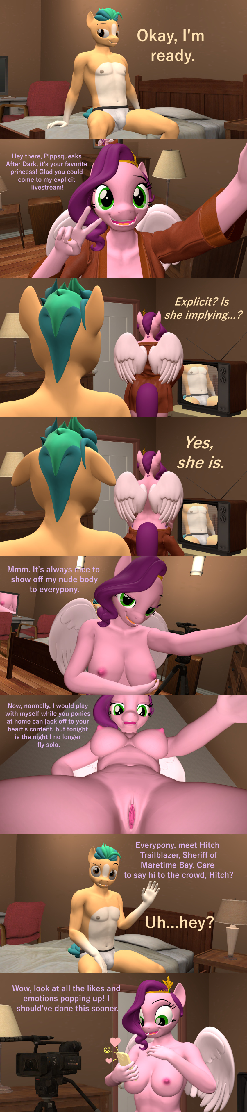3d_(artwork) absurd_res anthro anthrofied comic dialogue digital_media_(artwork) duo english_text equid equine female genitals hasbro hi_res hitch_trailblazer_(mlp) long_image male mammal mlp_g5 my_little_pony papadragon69 pegasus pipp_petals_(mlp) pussy tall_image text wings