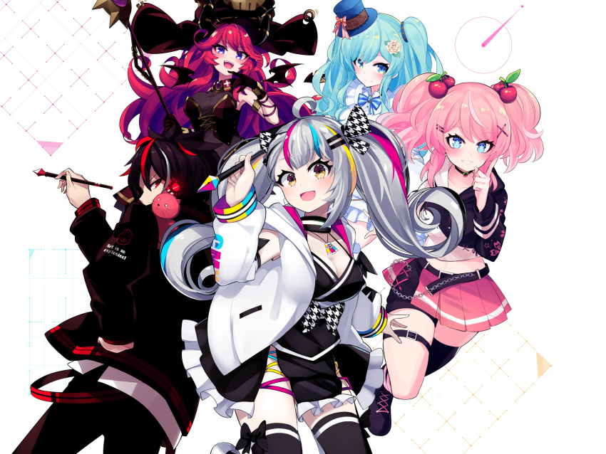 akagi_(sk0127aho) aqua_eyes aqua_hair black_bow black_bowtie blue_bow blue_bowtie bow bowtie breasts cherry_tomato cleavage guinevere_(vtuber) hat highres holding indie_virtual_youtuber jacket miniskirt multicolored_hair open_mouth pink_hair red_eyes red_hair serotina skirt smile sweater thighhighs tomato twintails virtual_youtuber