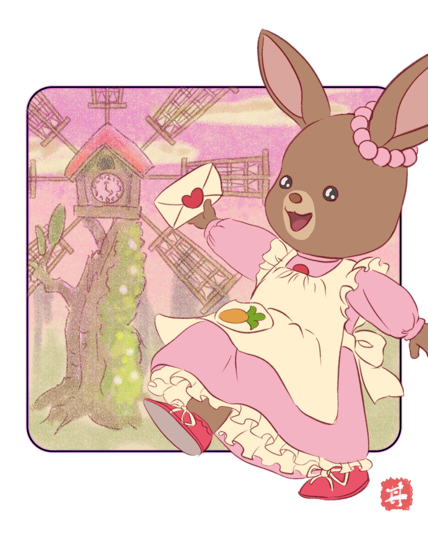 absurd_res anthro clock clock_tower clothing dress female hi_res lagomorph leporid letter mammal maple_town patty_(maple_town) plant rabbit solo tree windmill