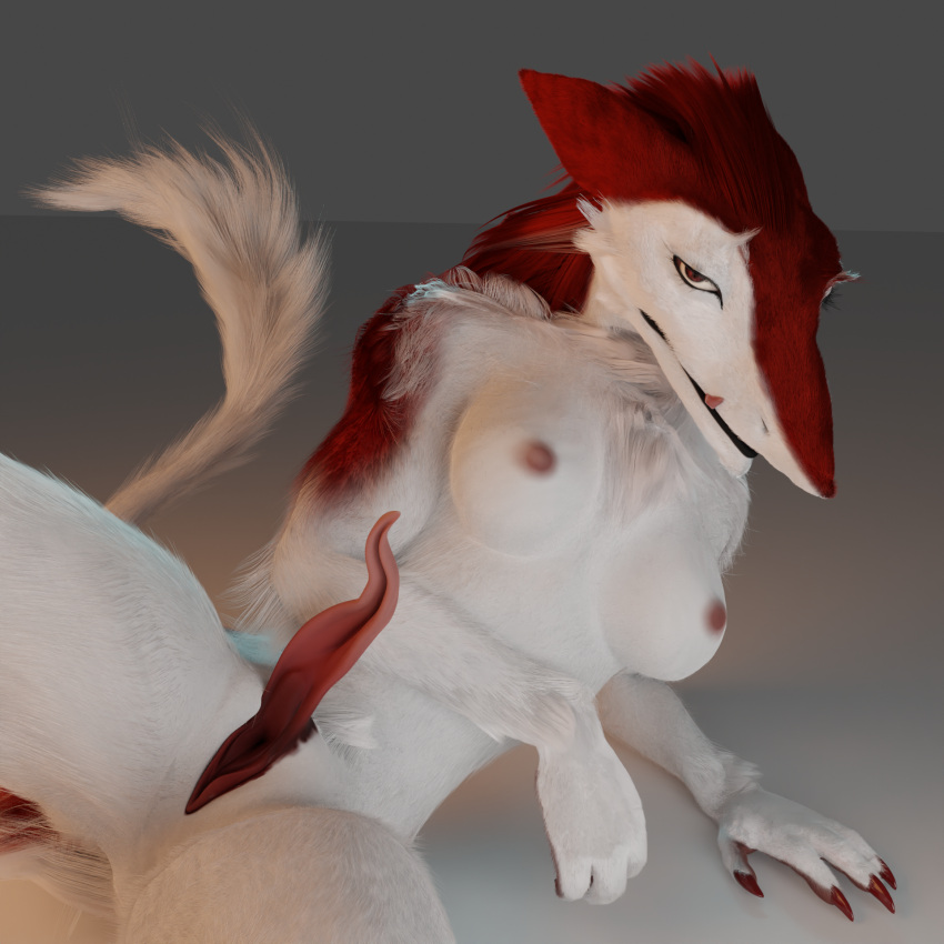 anthro blender_(software) breasts claws clitoral_hood digital_media_(artwork) female fluffy fluffy_tail fur genitals hair hi_res looking_at_viewer mysteryboy18 nipples nude prehensile_clitoral_hood presenting presenting_pussy pussy red_body red_fur sergal solana_(mysteryboy18) solo spread_legs spreading tongue tongue_out white_body white_fur