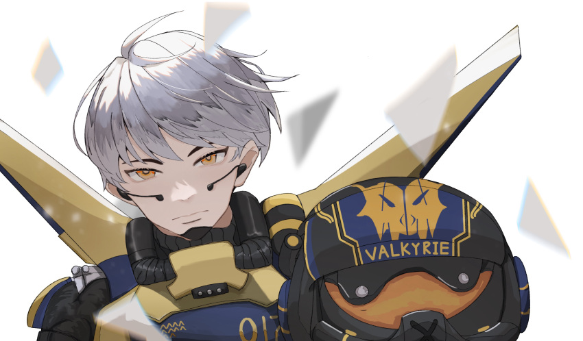 1girl animification apex_legends assault_visor blue_bomber_valkyrie earpiece floating_hair frown go_hana grey_hair hair_between_eyes highres jetpack looking_at_viewer mechanical_wings official_alternate_costume orange_eyes portrait short_hair solo unworn_headwear valkyrie_(apex_legends) white_background wings