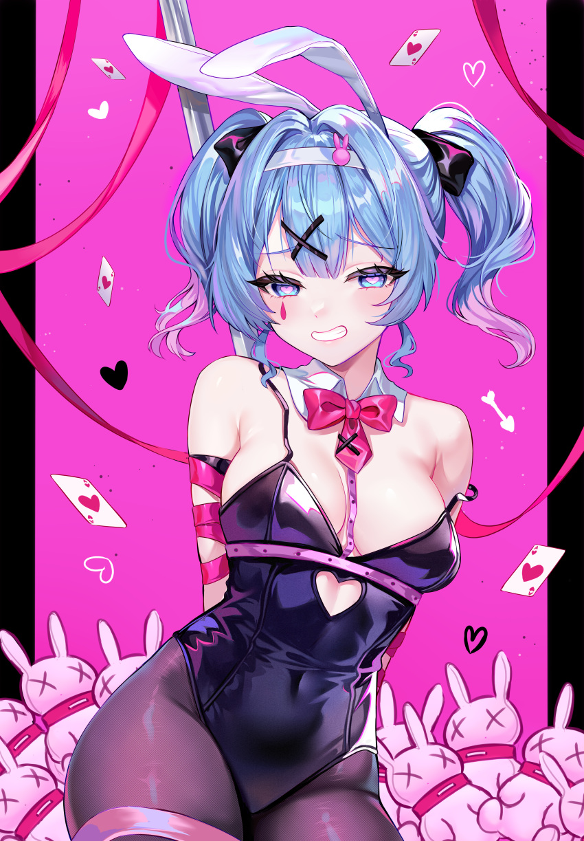 1girl absurdres animal_ears bare_shoulders black_leotard blue_eyes blue_hair bow bowtie breasts card clothing_cutout commentary cutout_above_navel detached_collar fake_animal_ears hair_ornament hatsune_miku heart heart-shaped_pupils heart_cutout highres leotard looking_at_viewer pantyhose pink_bow pink_bowtie pink_ribbon playboy_bunny playing_card rabbit_ears rabbit_hole_(vocaloid) ribbon short_hair smile solo strap_slip symbol-shaped_pupils teardrop_facial_mark teeth twintails vocaloid x_hair_ornament yaya_chan