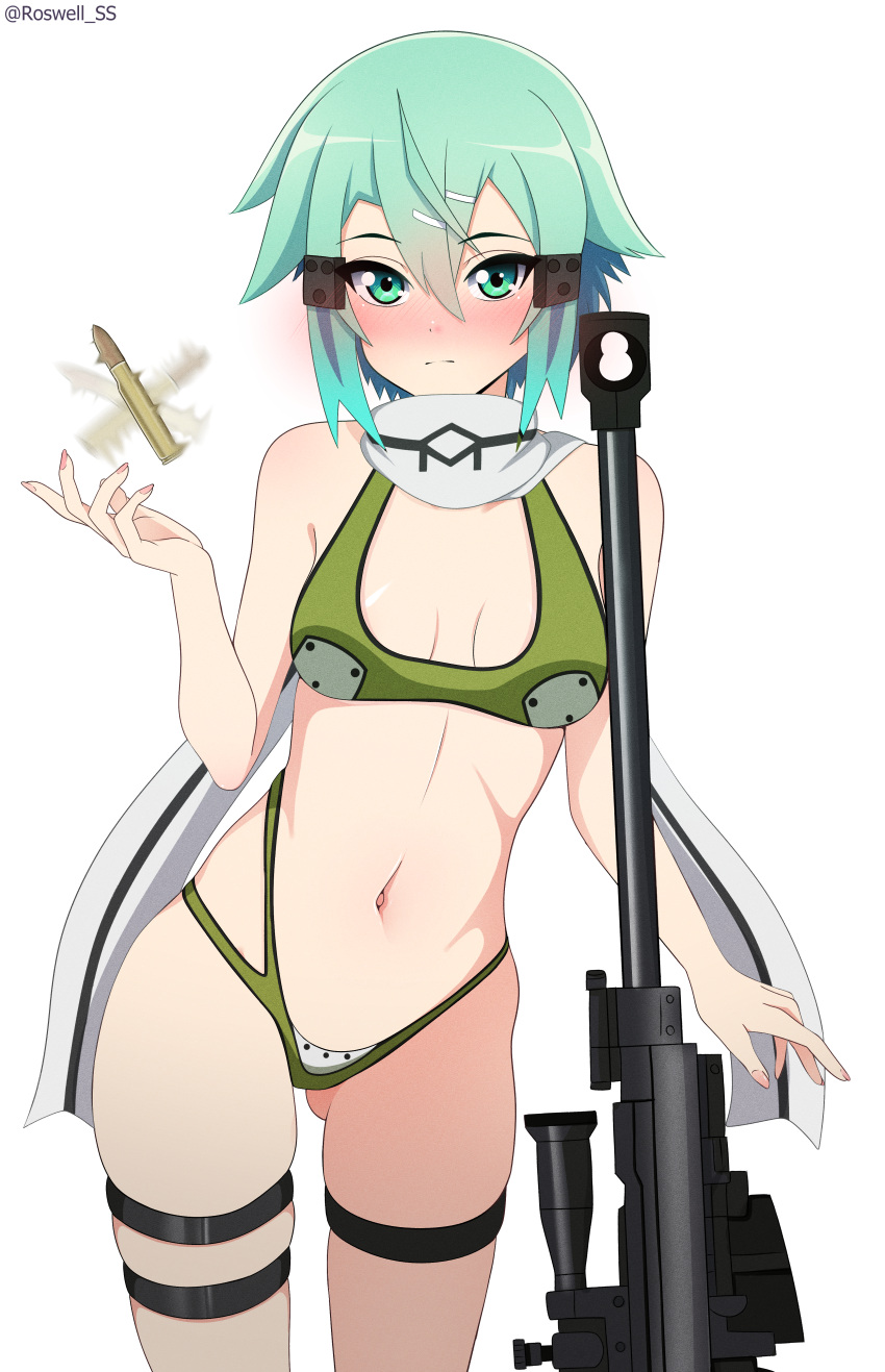 1girl absurdres anti-materiel_rifle ass_visible_through_thighs bare_arms bare_shoulders blush bolt_action breasts bullet cleft_of_venus commentary cowboy_shot english_commentary frown green_eyes green_hair green_panties grey_scarf gun hair_ornament hairclip highres medium_breasts navel panties pgm_hecate_ii rifle roswell_ss scarf shiny_skin simple_background sinon sniper_rifle solo sword_art_online thigh_strap underwear weapon
