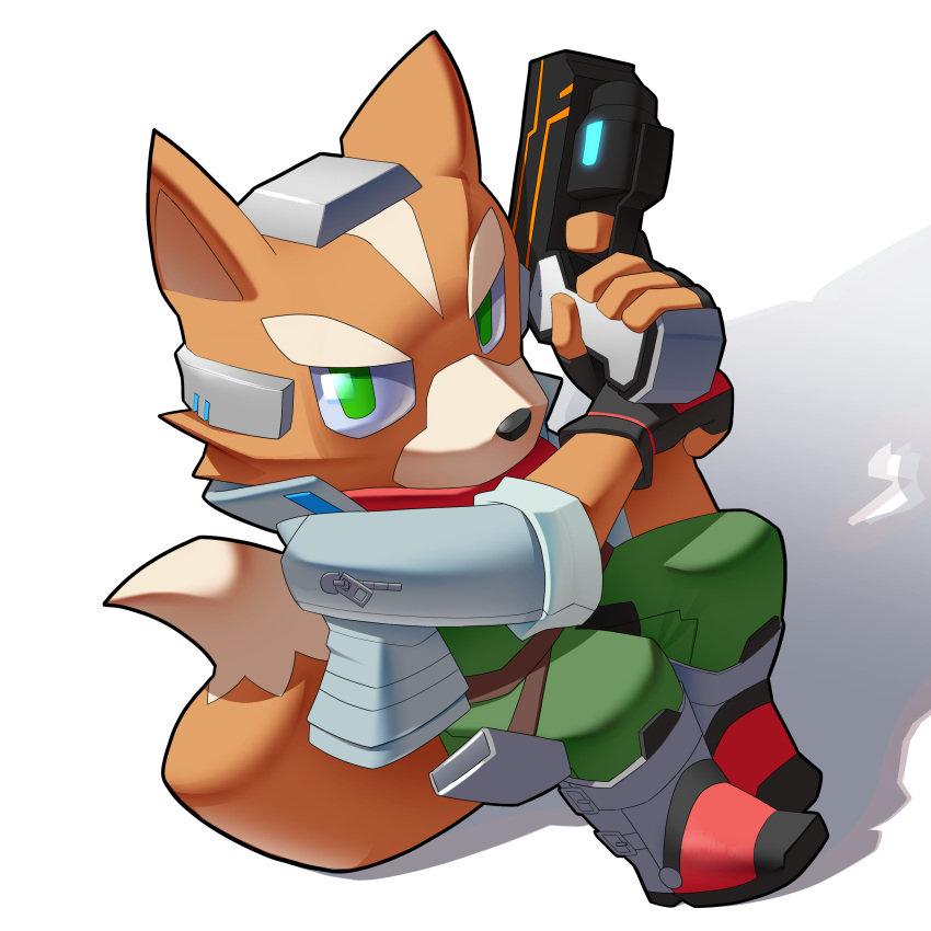 2023 absurd_res anthro black_nose boots brown_body canid canine certly chibi clothing colored dipstick_tail footwear fox fox_mccloud fur futuristic_gun green_clothing green_eyes green_jumpsuit gun gun_holster hi_res holding_gun holding_object holding_ranged_weapon holding_weapon jacket jumpsuit looking_at_viewer male mammal markings metal_boots multicolored_body nintendo pose ranged_weapon red_clothing red_scarf scarf shaded shadow simple_background solo star_fox tail tail_markings topwear two_tone_body weapon white_background white_body white_clothing white_fur white_jacket white_topwear zipper