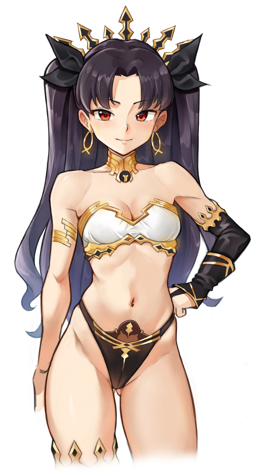 1girl absurdres ass_visible_through_thighs bare_shoulders black_hair blush breasts cleavage cropped_legs detached_sleeves earrings fate/grand_order fate_(series) hand_on_own_hip highres hoop_earrings ishtar_(fate) jewelry long_hair looking_at_viewer mr.thunderigor navel red_eyes revealing_clothes simple_background smile solo strapless tube_top white_background