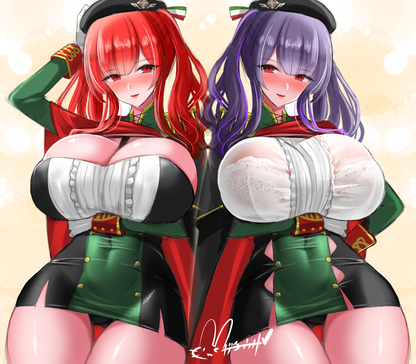 2girls absurdres arm_under_breasts azur_lane beret black_headwear black_panties blue_hair blush bra breasts buttons center_frills covered_navel frills gloves hat highres hisin huge_breasts italian_flag lace-trimmed_bra lace_trim looking_at_viewer medium_hair multiple_girls panties parted_lips pola_(azur_lane) red_eyes red_hair signature taut_clothes underwear white_bra white_gloves zara_(azur_lane)