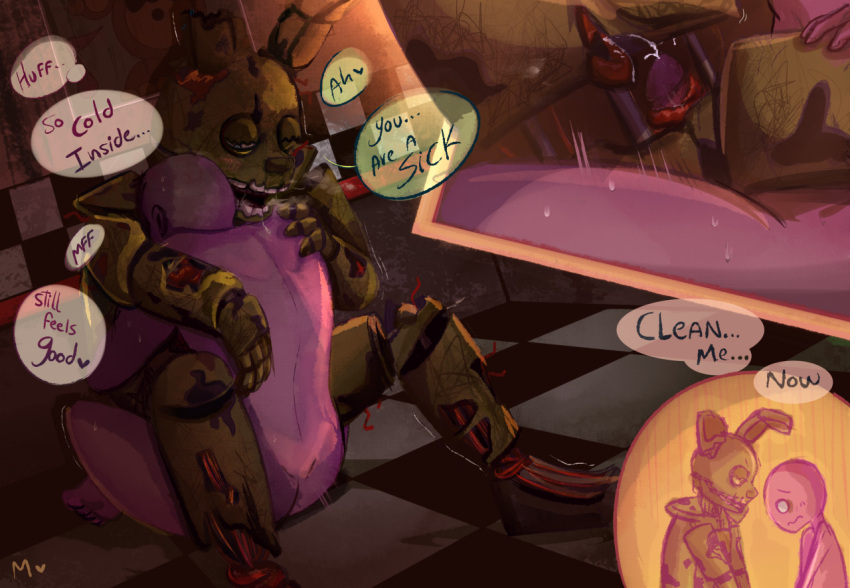 &lt;3 ... 2022 ambiguous_gender ambiguous_penetration animatronic ann00nm anthro bodily_fluids butt checkered_floor corpse cum cum_on_organs death demanding dialogue digital_media_(artwork) drooling duo english_text five_nights_at_freddy's five_nights_at_freddy's_3 genital_fluids hand_on_back hand_on_leg human lagomorph leporid machine male mammal necrophilia nude on_ground open_mouth organs penetration rabbit robot saliva saliva_string scottgames sex shaking springtrap_(fnaf) sweat text undead video_games