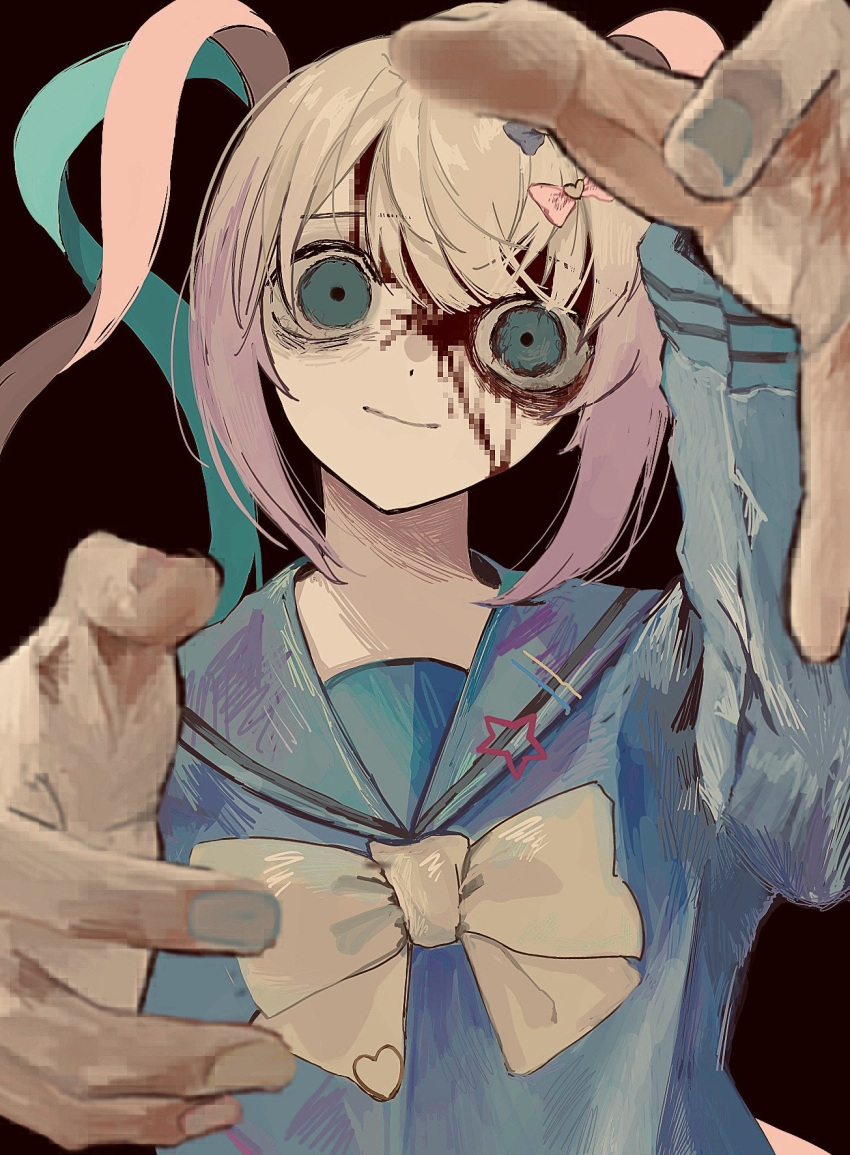 1girl arm_up blonde_hair blood blood_on_face blue_bow blue_eyes blue_hair blue_nails blue_shirt bow chouzetsusaikawa_tenshi-chan closed_mouth crazy_eyes hair_bow hand_up heart highres long_hair long_sleeves looking_at_viewer multicolored_hair multicolored_nails nail_polish needy_girl_overdose pink_bow pink_hair pink_nails pixelated quad_tails reaching reaching_towards_viewer sailor_collar shiobuchi shirt smile solo upper_body wide-eyed yellow_bow yellow_nails