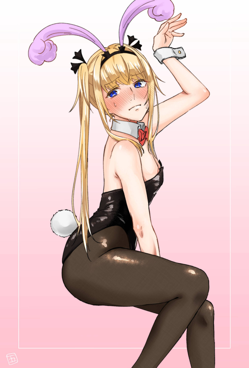 1other alternate_hairstyle androgynous animal_ears artist_request black_leotard blonde_hair blue_eyes blush brown_pantyhose chevalier_d'eon_(fate) fake_tail fate/grand_order fate_(series) hair_intakes highres leotard long_hair otoko_no_ko pantyhose playboy_bunny rabbit_ears rabbit_tail solo tail