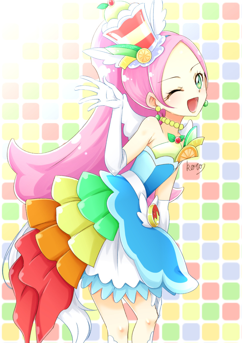 1girl absurdres animal_ears bare_shoulders berry boots choker cure_parfait dress earrings elbow_gloves food food-themed_hair_ornament fruit gloves hair_ornament headband highres horse_ears jewelry kirakira_precure_a_la_mode kiwi_(fruit) leaf lemon long_hair looking_at_viewer multicolored_eyes one_eye_closed open_mouth orange_(fruit) parfait pearl_choker pearl_earrings pink_hair ponytail precure solo sparkling_eyes strapless strapless_dress tail toko_(tenerezza666) white_footwear white_gloves white_tail white_wings wings