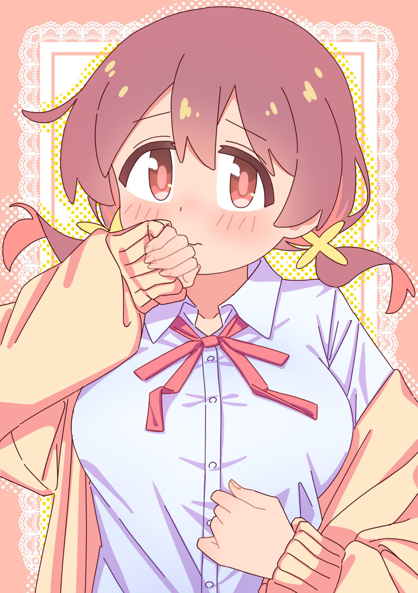 1girl absurdres blush breasts brown_eyes brown_hair commentary dress_shirt hair_between_eyes hand_to_own_mouth highres jacket large_breasts long_hair long_sleeves looking_at_viewer low_twintails multicolored_hair murosaki_miyo neck_ribbon nuurise2023 off_shoulder onii-chan_wa_oshimai! open_clothes open_jacket puffy_long_sleeves puffy_sleeves red_hair red_ribbon ribbon shirt solo twintails two-tone_hair upper_body wing_collar yellow_jacket