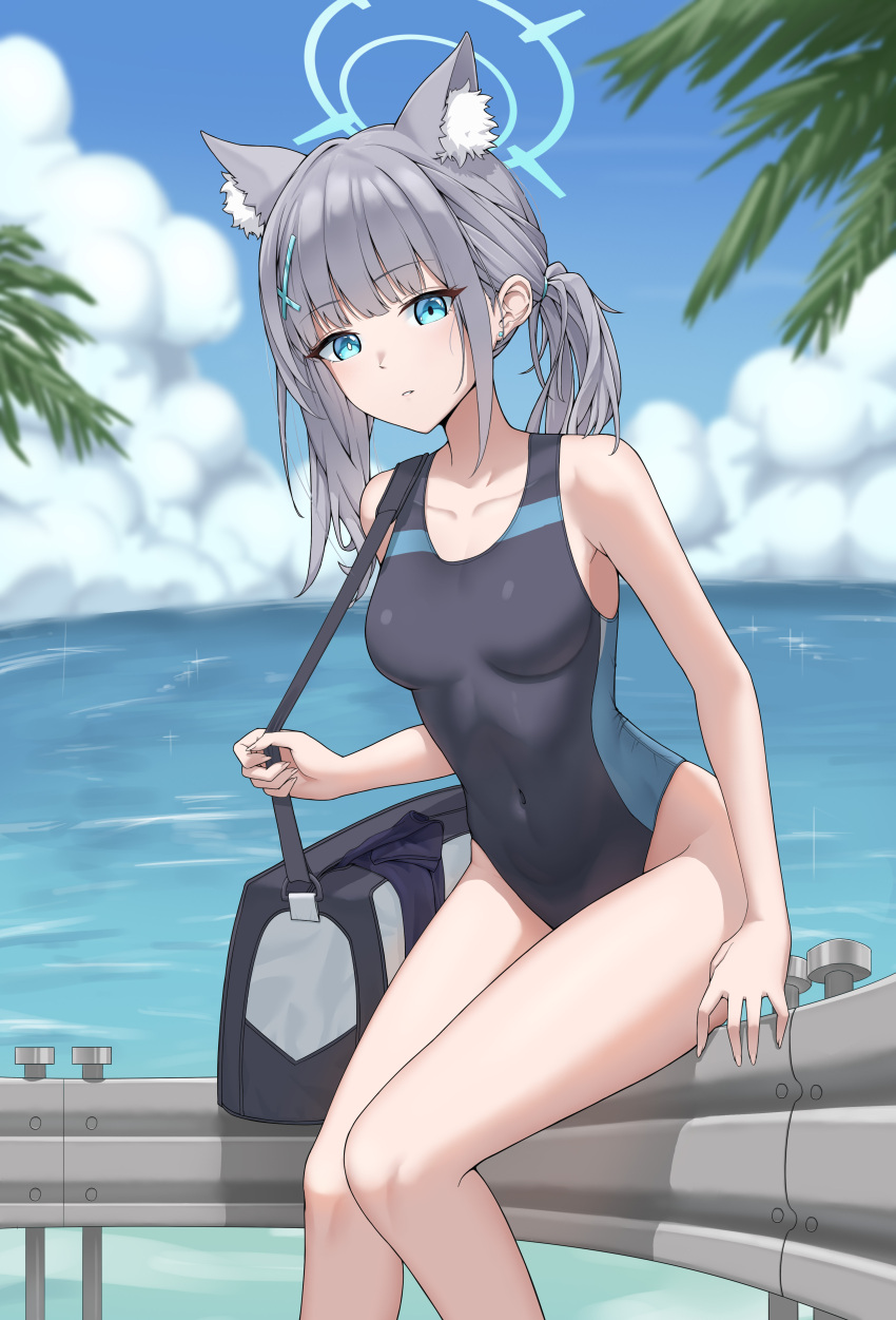 absurdres animal_ear_fluff animal_ears bag black_one-piece_swimsuit blue_archive blue_eyes blue_sky breasts cloud commentary competition_swimsuit covered_navel cross_hair_ornament day extra_ears feet_out_of_frame grey_hair hair_ornament halo highres horizon low_ponytail medium_breasts medium_hair mismatched_pupils multicolored_clothes multicolored_swimsuit ocean official_alternate_costume one-piece_swimsuit outdoors palm_tree railing shiroko_(blue_archive) shiroko_(swimsuit)_(blue_archive) sitting sky swimsuit the_fg tree wolf_ears